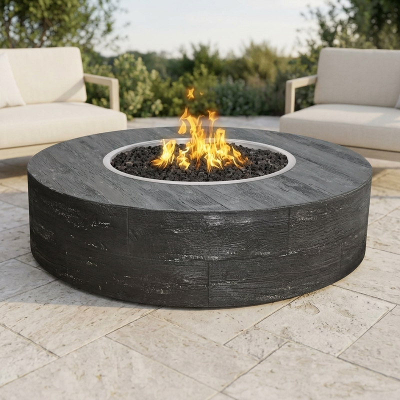 The Outdoor Plus 42" Sequoia Fire Pit — 16" Tall — Wood Grain — patio view