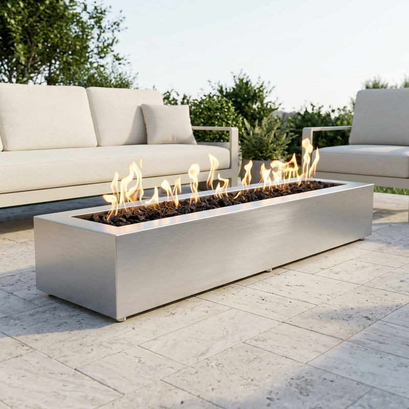 The Outdoor Plus 72" Eaves Fire Pit — Stainless Steel — patio view