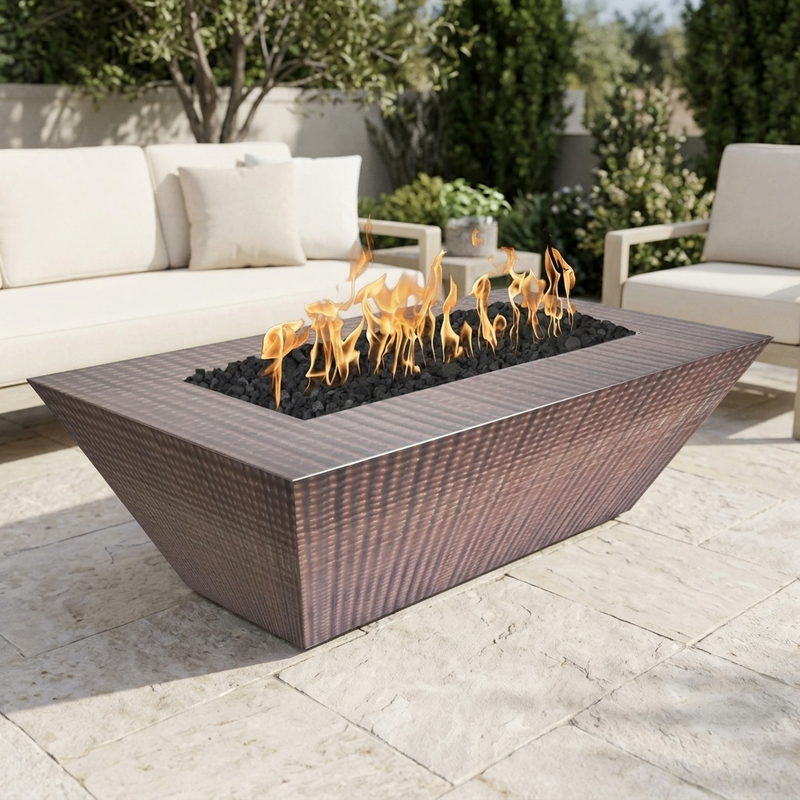 The Outdoor Plus 84" Atlantic Fire Pit — 18" Tall — Hammered Copper — patio view
