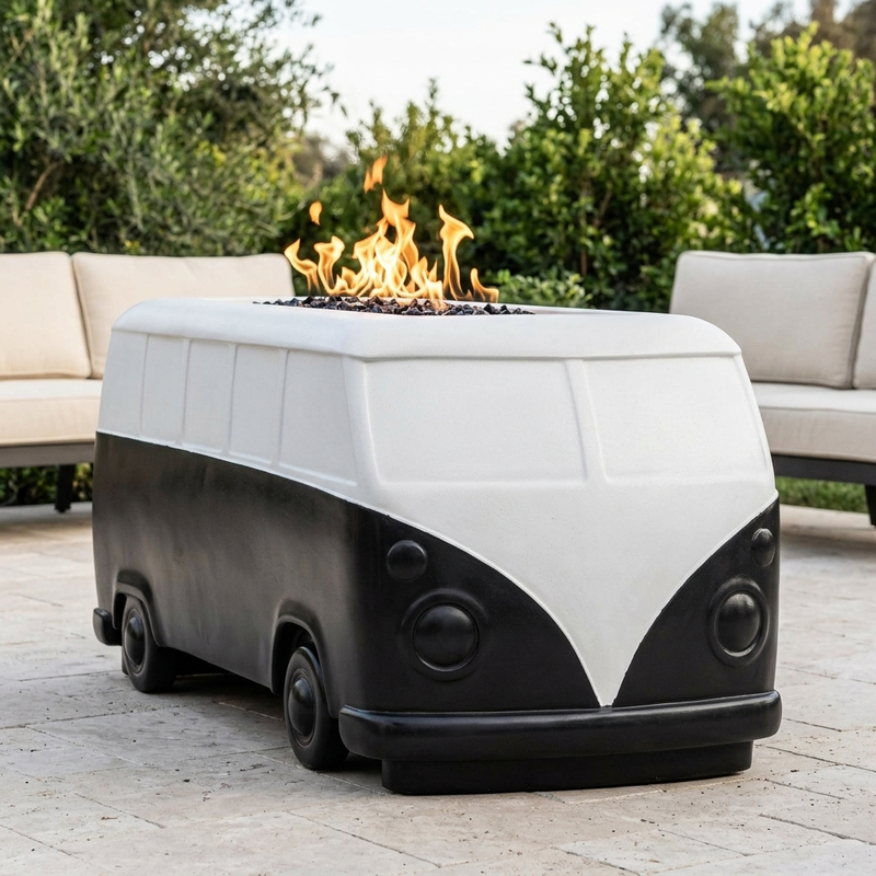 The Outdoor Plus 48" Classic Bus Fire Pit Black & White — B&W GFRC — patio view