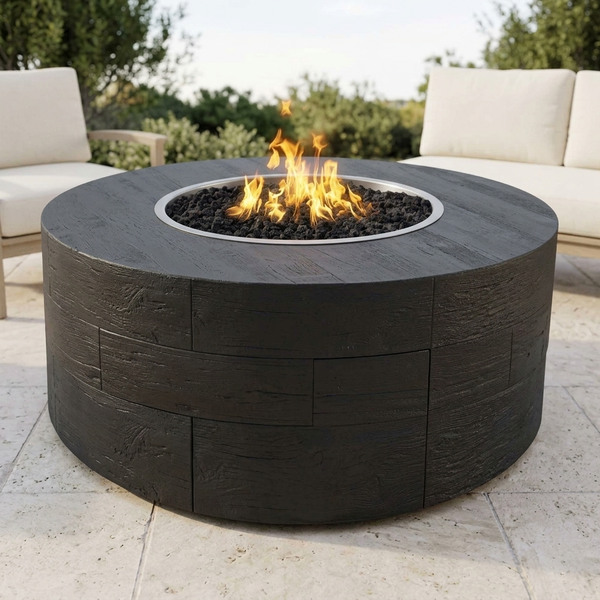 The Outdoor Plus 60" Sequoia Fire Pit — 24" Tall — Wood Grain — patio view