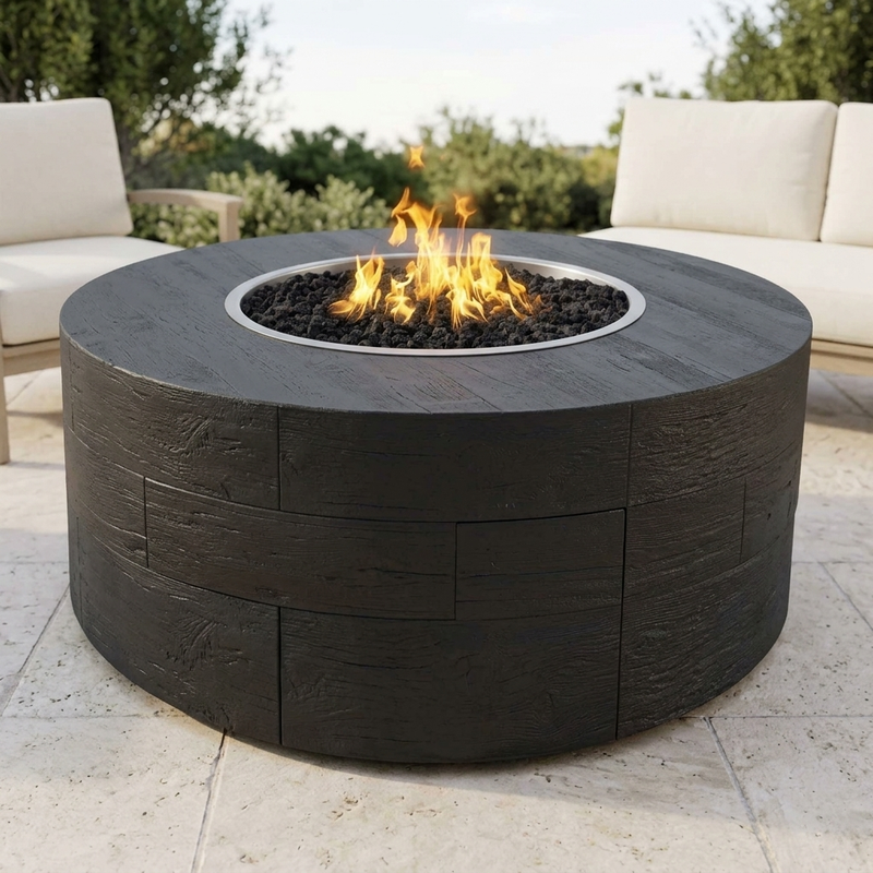 The Outdoor Plus 60" Sequoia Fire Pit — 24" Tall — Wood Grain — patio view