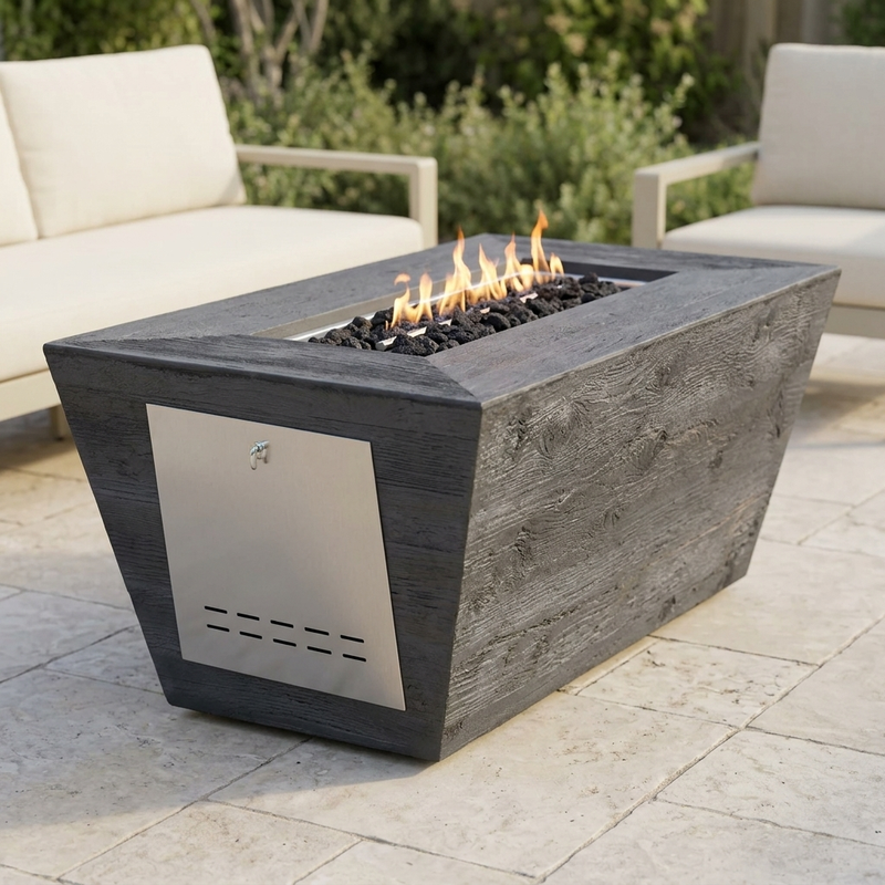 The Outdoor Plus 60" Rectangular Plymouth Fire Pit — 16" Tall — Wood Grain — patio view