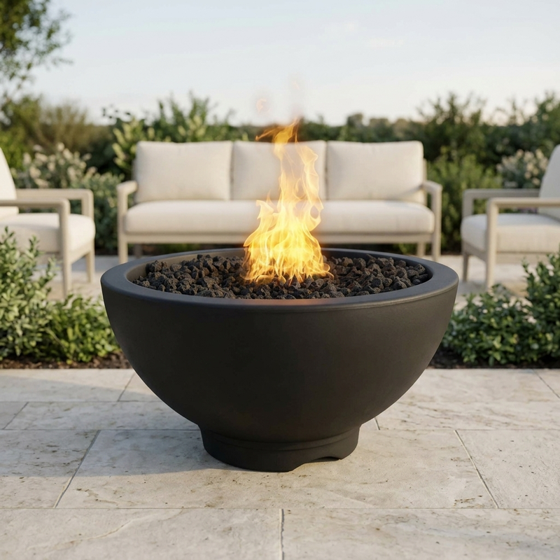 The Outdoor Plus 38" Sonoma Fire Pit — GFRC — Black — patio view