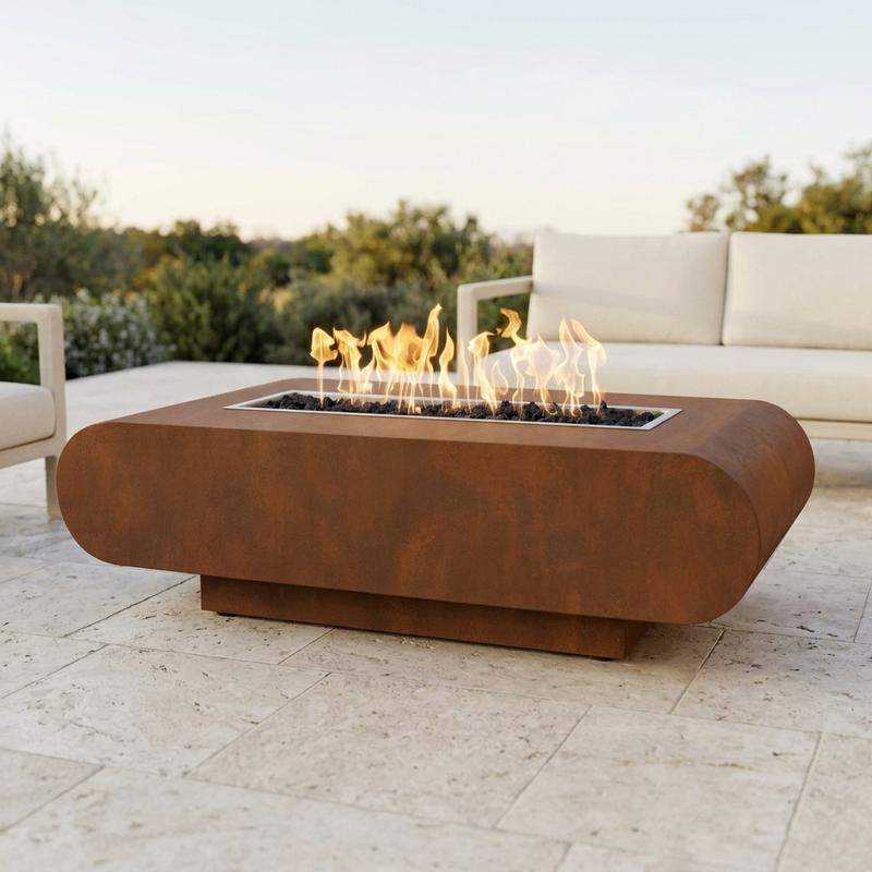 The Outdoor Plus 60" La Jolla Fire Pit — Corten Steel — patio view
