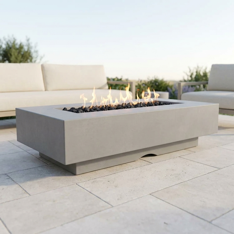 Del Mar 60-Inch GFRC Fire Pit — Fire Glow Push Button — Natural Gray patio view