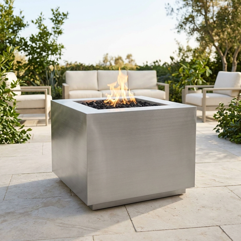 The Outdoor Plus 30" Forma Fire Pit — Stainless Steel — patio view