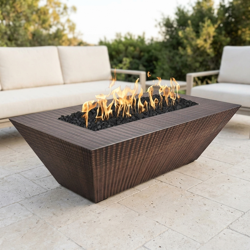 The Outdoor Plus 96" Atlantic Fire Pit — 24" Tall — Hammered Copper — patio view