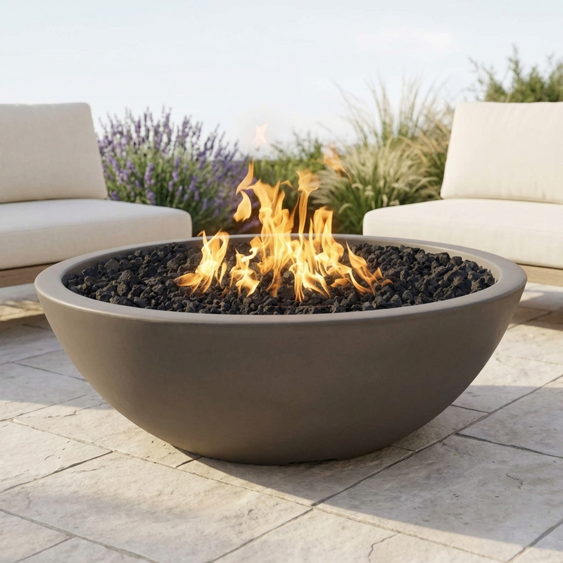 The Outdoor Plus 60" Sedona FIre Pit — Narrow Ledge — GFRC — Match Lit — patio view