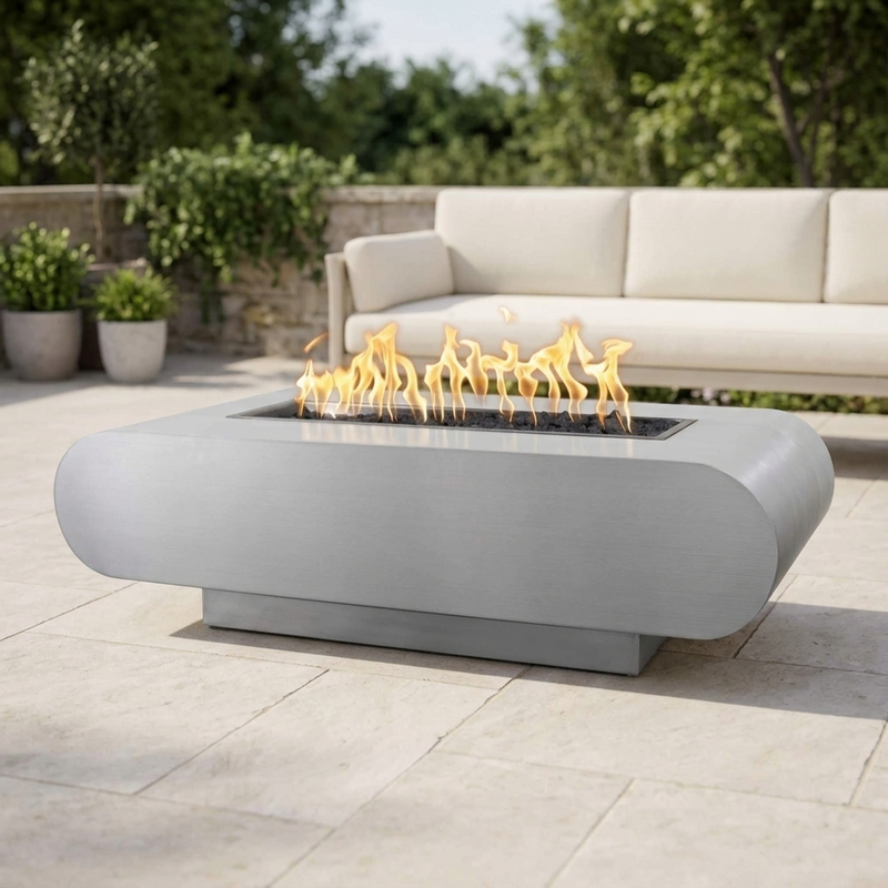 The Outdoor Plus 48" La Jolla Fire Pit — Stainless Steel — patio view