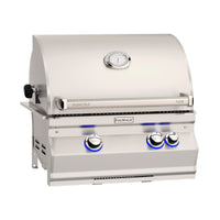 Fire Magic Aurora A430i Built-In Gas Grill — manufacturer view, solid hood, shown with rotisserie and standard burners