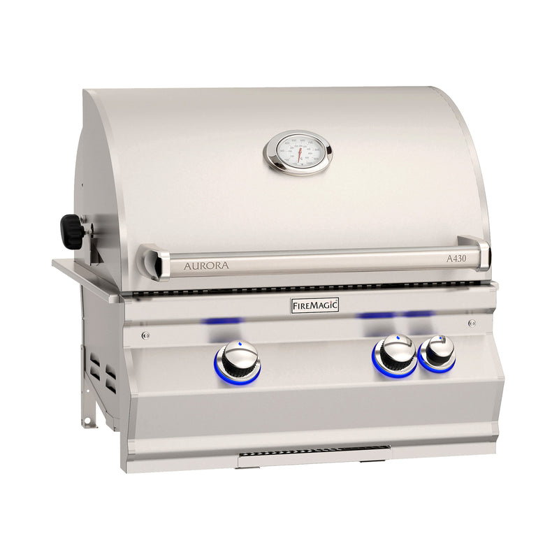 Fire Magic Aurora A430i Built-In Gas Grill — manufacturer view, solid hood, shown with rotisserie and standard burners