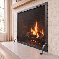 Close oblique view of the Bar Iron fireplace screen by Stoll Industries — AI-assisted visualization
