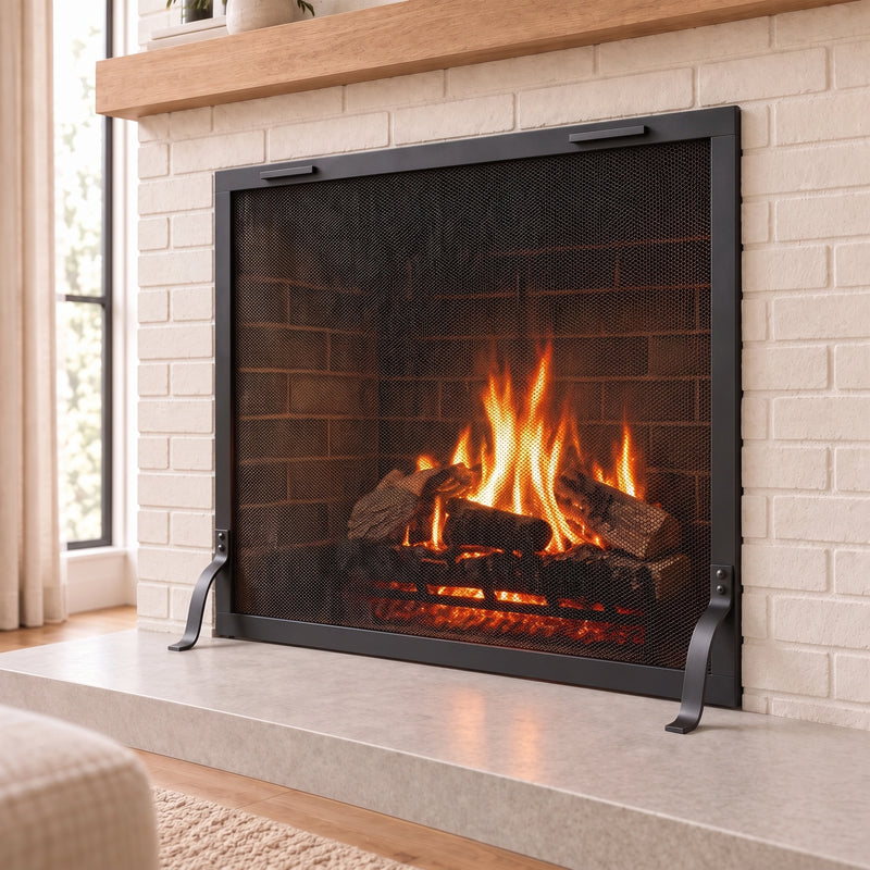Bar Iron fireplace screen with a view of the hearth by Stoll Industries — AI-assisted visualization