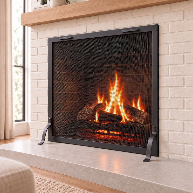 Bar Iron fireplace screen and mantel by Stoll Industries — AI-assisted visualization