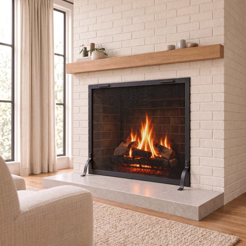 Distant room view of the Bar Iron fireplace screen by Stoll Industries — AI-assisted visualization