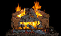 Real Fyre 18" Charred Cinder Split Vented Gas Log Set — original product reference. Arrangement and burner hardware vary by selected size and configuration.