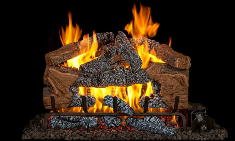 Real Fyre 30" Charred Cinder Split Vented Gas Log Set — original product reference. Arrangement and burner hardware vary by selected size and configuration.