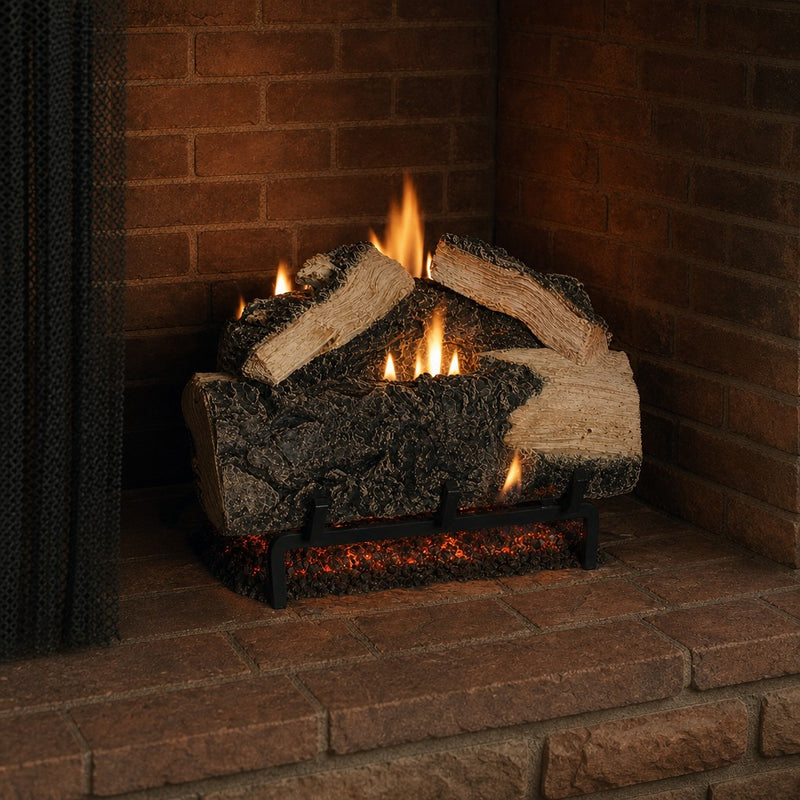 15" Western Pine Vented Gas Log Set | Hargrove — 3/4 angle view with flame