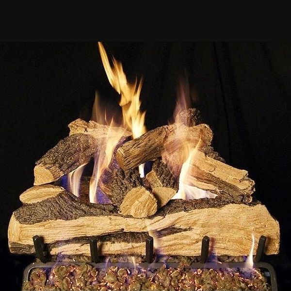 Real Fyre 18" Split Oak Designer See-Through Vented Gas Log Set — original product reference. Arrangement and burner hardware vary by selected size and configuration.