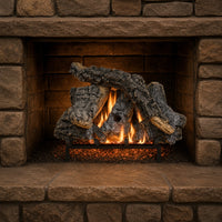 18" Canyon Timbers Vented Gas Log Set | Hargrove — lit with warm flame