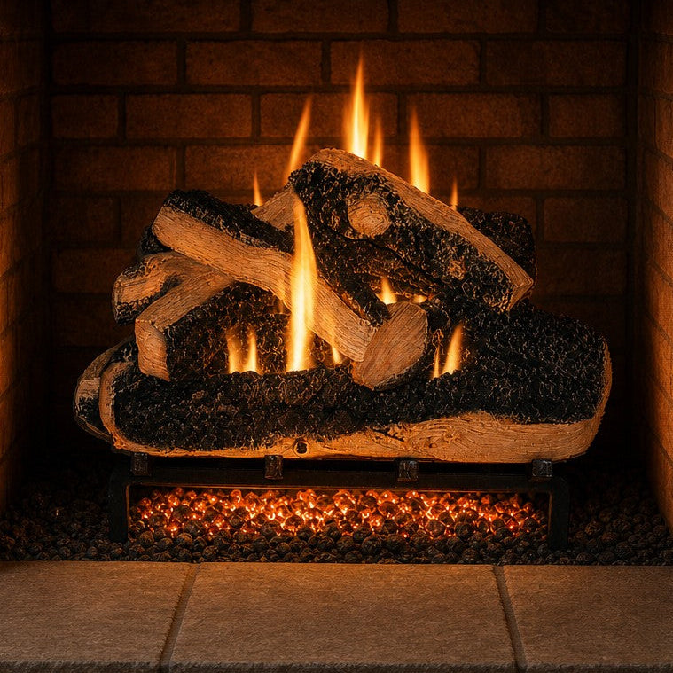 18" Western Pine Vented Gas Log Set | Hargrove — lit with warm flame