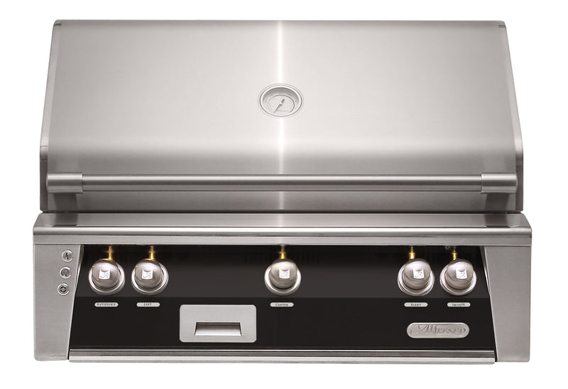 Alfresco ALXE 36-Inch Built-In Propane Grill with Sear Zone — Jet Black Matte — manufacturer front view