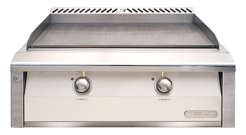 Alfresco 30-Inch Built-In Natural Gas Griddle — Signal White Gloss — manufacturer front view