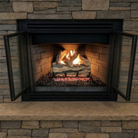 20" Split Oak Designer Plus ANSI vented gas log set with hand-painted ceramic oak logs and glowing embers in a fireplace