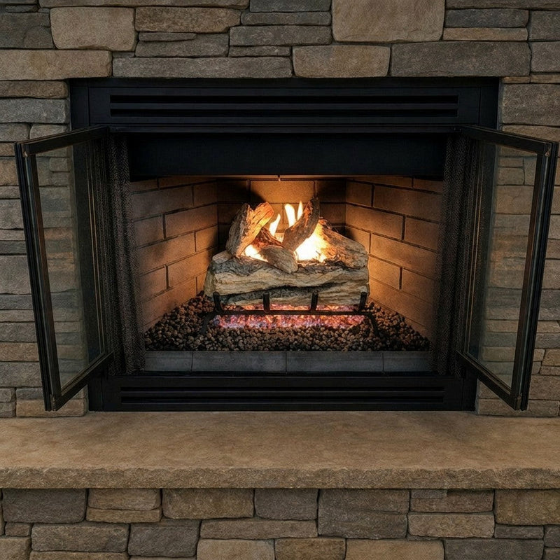 20" Split Oak Designer Plus ANSI vented gas log set with hand-painted ceramic oak logs and glowing embers in a fireplace