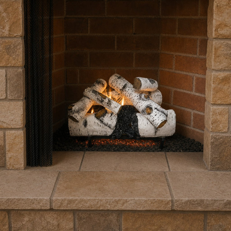 21" Aspen Timbers Vented Gas Log Set | Hargrove — 3/4 angle view with flame