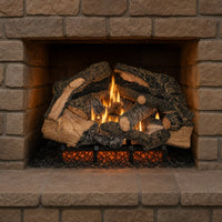 21" Rustic Timbers Vented Gas Log Set | Hargrove — lit with warm flame