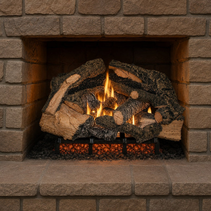 21" Rustic Timbers Vented Gas Log Set | Hargrove — lit with warm flame