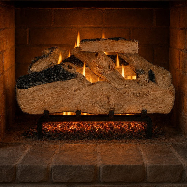 21" Western Pine Vented Gas Log Set | Hargrove — lit with warm flame