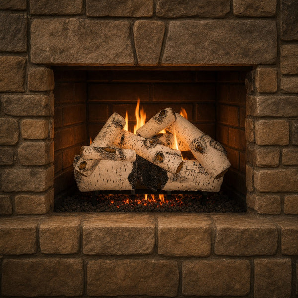 24" Aspen Timbers Vented Gas Log Set | Hargrove — lit with warm flame
