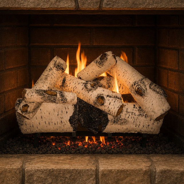 24" Aspen Timbers Vented Gas Log Set | Hargrove — lit with warm flame