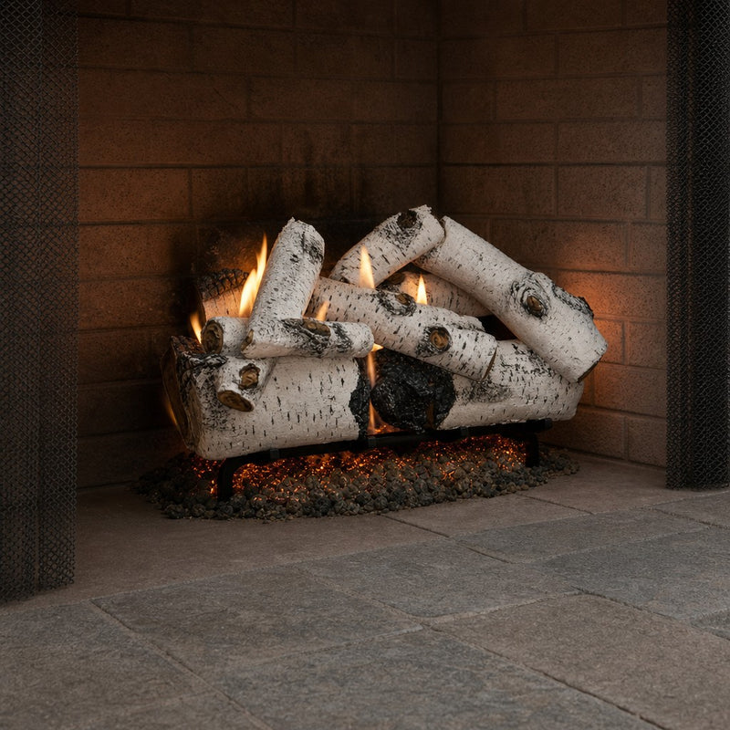 24" Aspen Timbers Vented Gas Log Set | Hargrove — 3/4 angle view with flame