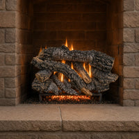 24" Canyon Timbers Vented Gas Log Set | Hargrove — lit with warm flame