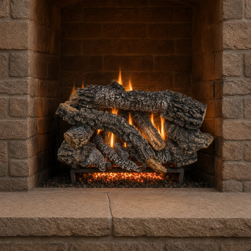 24" Canyon Timbers Vented Gas Log Set | Hargrove — lit with warm flame