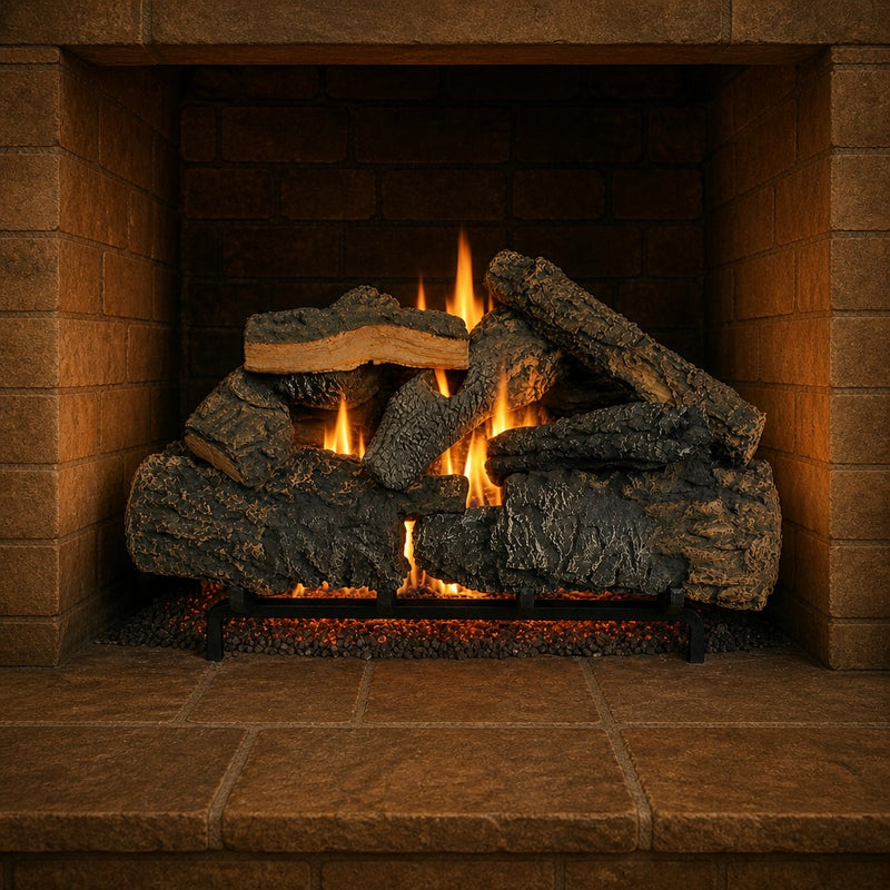 24" Cross Timbers Vented Gas Log Set | Hargrove — lit with warm flame