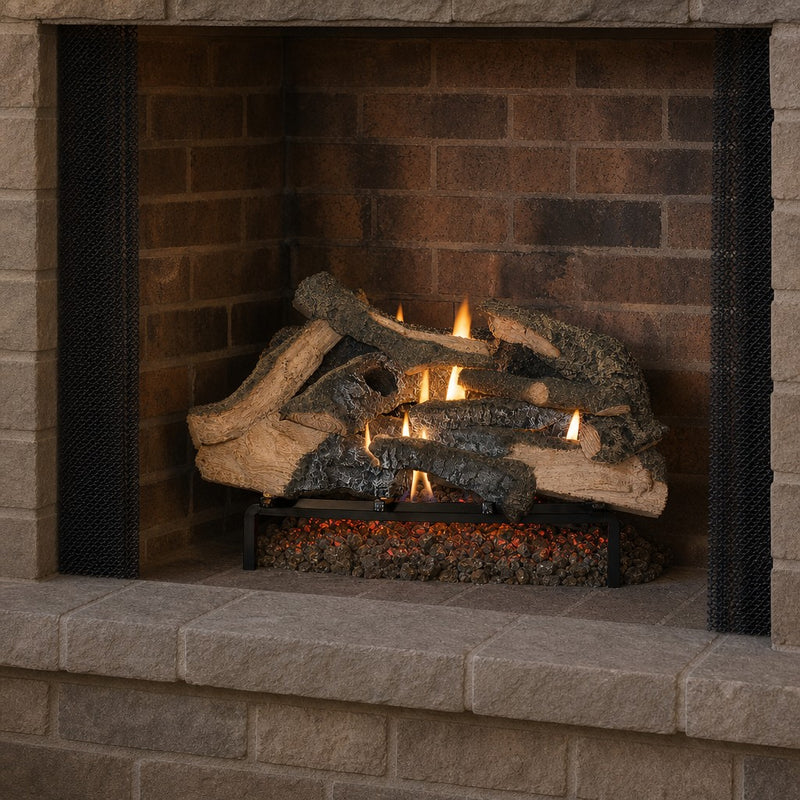 24" Rustic Timbers Vented Gas Log Set | Hargrove — 3/4 angle view with flame