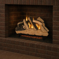 24" Western Pine Vented Gas Log Set | Hargrove — 3/4 angle view with flame