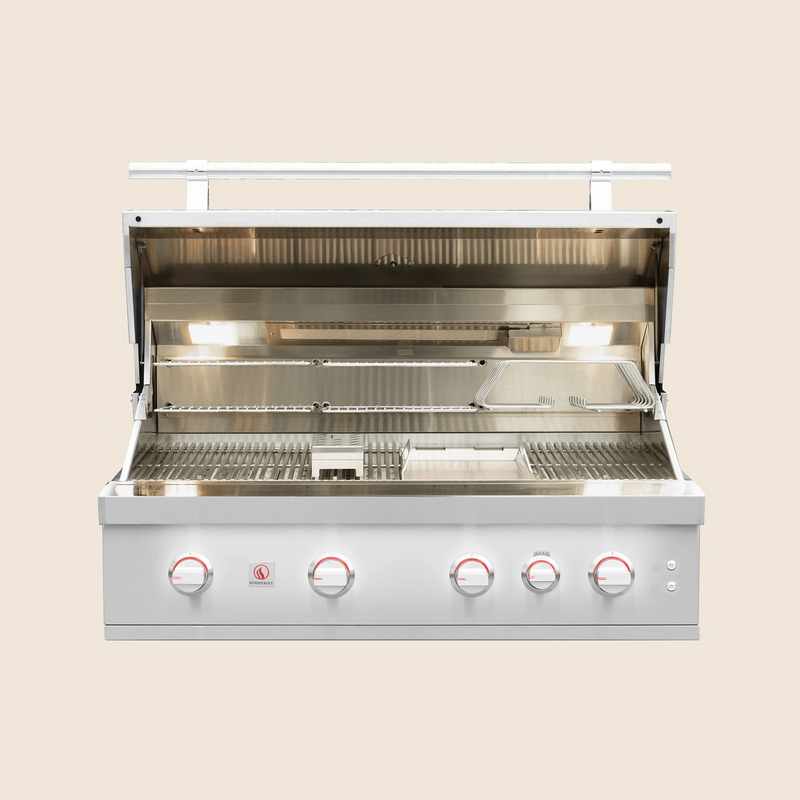Summerset Quest 42-Inch Built-In Gas Grill — lid open, manufacturer photograph