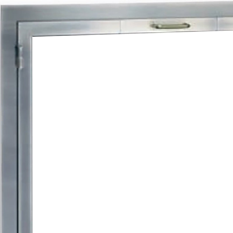 Metallic silver Stainless Steel Hinges attached to a gray metal frame, designed for outdoor application.
