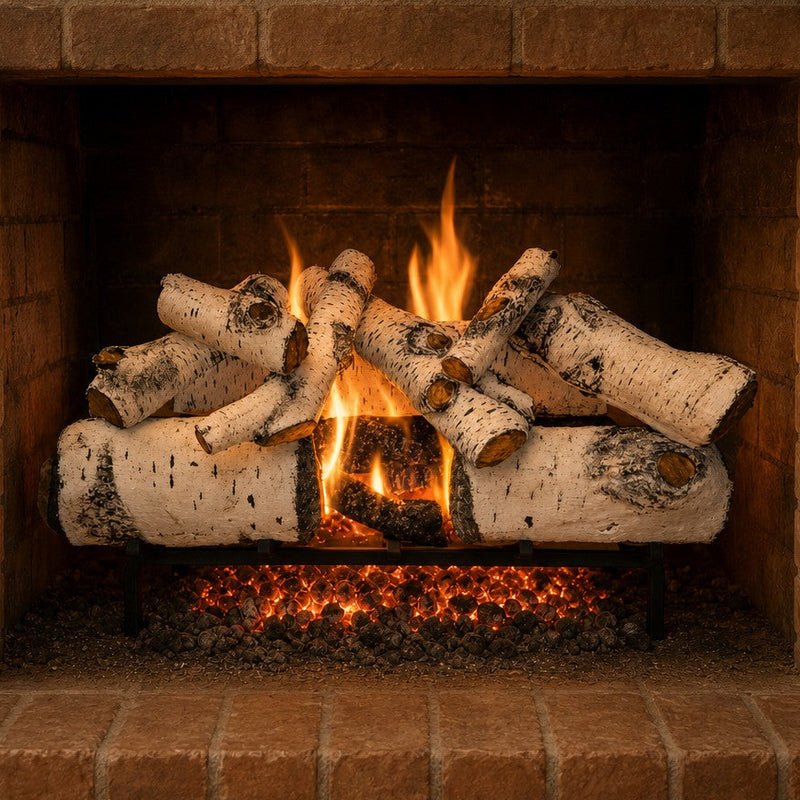 30" Aspen Timbers Vented Gas Log Set | Hargrove — lit with warm flame