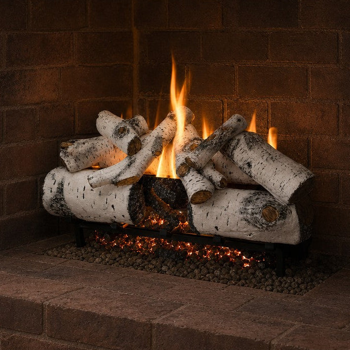 30" Aspen Timbers Vented Gas Log Set | Hargrove — 3/4 angle view with flame