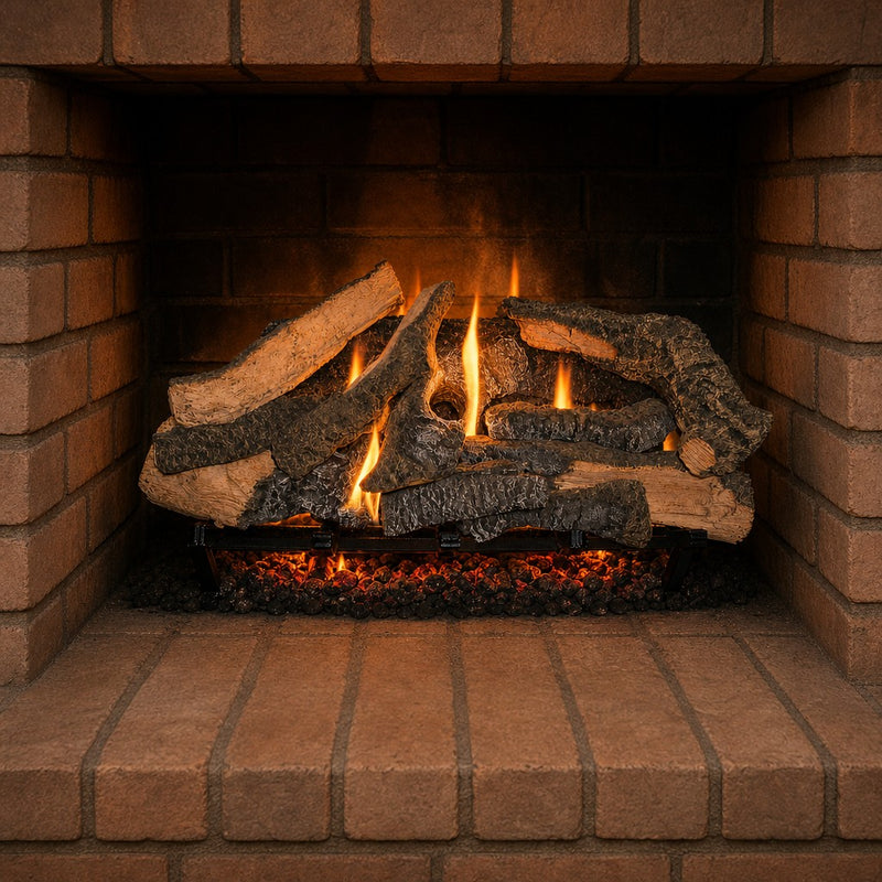30" Rustic Timbers Vented Gas Log Set | Hargrove — lit with warm flame