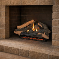 30" Rustic Timbers Vented Gas Log Set | Hargrove — 3/4 angle view with flame