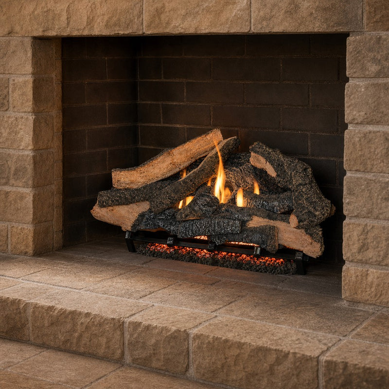 30" Rustic Timbers Vented Gas Log Set | Hargrove — 3/4 angle view with flame