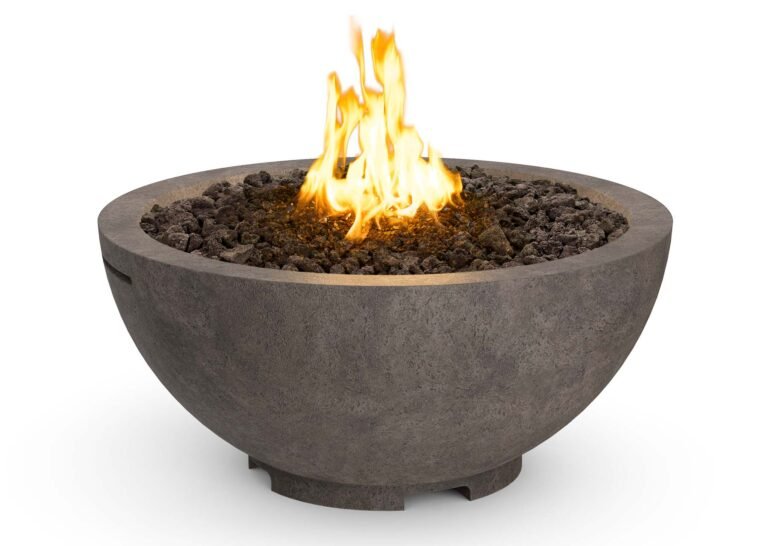 32-inch American Fyre Designs contemporary fire bowl with stainless steel burner and glass fiber reinforced concrete construction